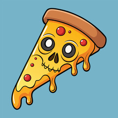 A cheesy, cartoonish pizza slice with a skull design.