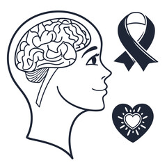 Human head profile with brain awareness ribbon and heart symbol