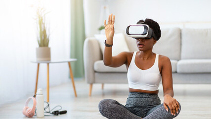 Virtual Workout. African Fitness Woman Wearing VR Glasses Experiencing Augmented Reality Exercising...