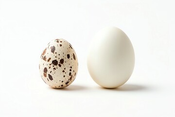 Comparison of a whole white chicken egg and a speckled quail egg.