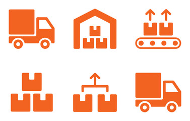 Orange Logistics Icons Representing Delivery Warehouse and Conveyor Belt truck boxes