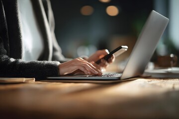 Fototapeta premium A person is working on a laptop, holding a phone, with soft lighting in the background.