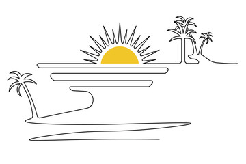 One line sun rise drawing minimalist vector illustration with outline and continuous single line art