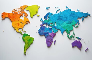 Colorful assembled puzzle map of world showing continents and countries. This educational illustration features vibrant, playful pieces of planet on white background, perfect for learning geography.