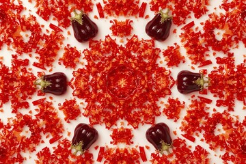 Kaleidoscope pattern of vibrant red pomegranate seeds.