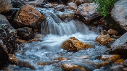 Fototapeta premium Scenic creek flowing downhill with splashing water over textured rocks, capturing movement in a natural setting
