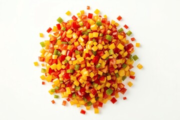 Colorful pile of finely diced mixed bell peppers on a white background.