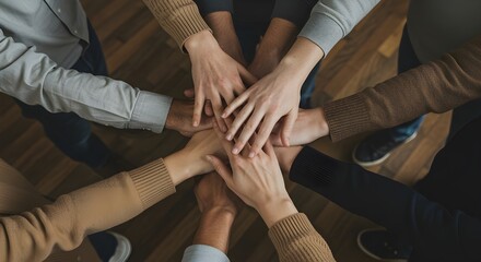 Corporate team hands in circle Close-up of diverse professionals placing hands together. Best for synergy, inclusion, or corporate values