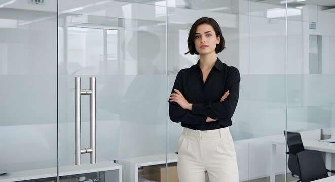 Confident woman standing in office Female professional with crossed arms in a modern office. Best for personal branding, leadership, or success