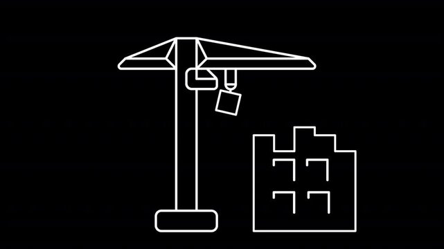 Building Construction Animation &ndash; Tower Crane Operating, Real Estate Development, Home Loan Concept. White Line Icon Animation. Transparent Background. Alpha Channel 