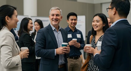 Diverse team enjoying networking event Group of professionals share a laugh at a corporate mixer. Best for events, networking opportunities, and company culture