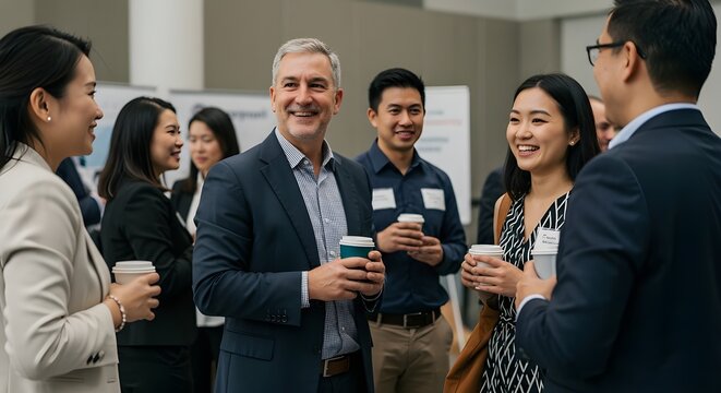 Diverse team enjoying networking event Group of professionals share a laugh at a corporate mixer. Best for events, networking opportunities, and company culture
