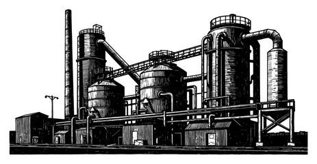 Industrial Buildings Scenery Complex Factory Plant Black and White Outline Line Art Drawing Vintage Style Engraving