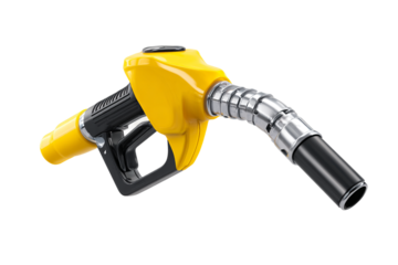 Yellow and black fuel nozzle for gas station isolated on transparent background