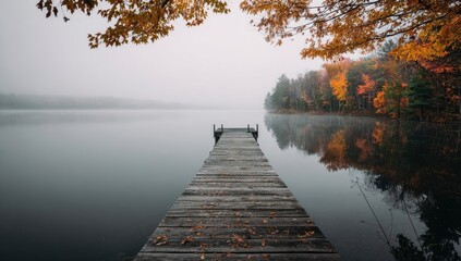 Misty autumn lake dock