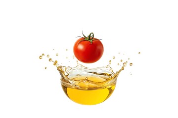 Red cherry tomato dropping and splashing in golden olive oil.