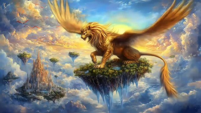 Golden lion with wings soaring above floating islands