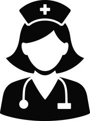 Black and white icon of a nurse with a stethoscope and cap medical healthcare