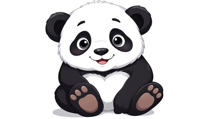 Obraz premium Cute cartoon panda illustration, sitting pose. Features black, white fur, round ears, big eyes, friendly smile. Suitable for children books, decor, or any design needing adorable animal character.