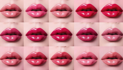Obraz premium Grid showcases multiple lips with varying shades of pink and red gloss. Lips display glossy finish, with some exhibiting slightly curled or raised shape, highlighting lipstick application and texture.