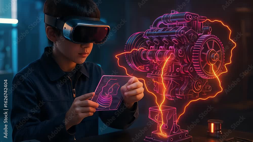 Aufkleber young boy explores virtual technology with a dynamic closeup of vr goggles and interactive visual ef