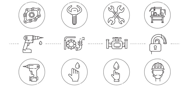 Illustrated set of tools and construction related outline icons in circular frames.