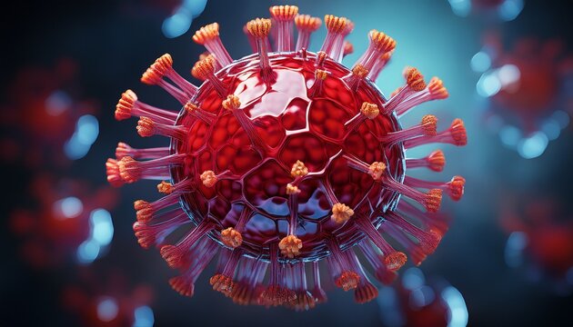 a detailed 3d rendering of a red virus particle with spike proteins illustrating a microscopic pathogen ideal for medical scientific and health related content