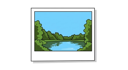 Lake and Forest Scene in Photo Frame Cartoon Style