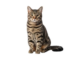 Illustration of tabby cat sitting and looking forward isolated on transparent background