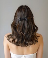 Fototapeta premium A young woman of Asian descent with flowing, wavy hair styled with a black bow. The soft colors create an elegant and sophisticated mood. braided updo, stylish braids