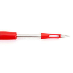 A bright red Flathead screwdriver with a slotted tip is centrally positioned on a clean and plain white background
