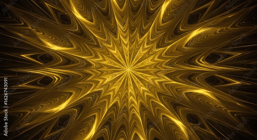 Poster radiant starburst design with intricate golden fractal patterns and dynamic lines