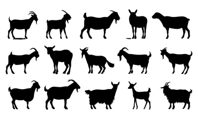 Illustrated goat breed vector silhouettes in black & white with Boer, Toggenburg, Nubian, Pygmy, Angora, Alpine, Saanen, Oberhasli, great for goat lovers, livestock farmers, and farm animal