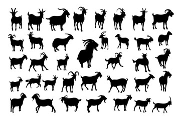 black and white goat vector silhouettes collection, ideal for farm, rural, nature, and animal-themed designs. High-quality livestock and pasture art icons, cartoon patterns, seamless