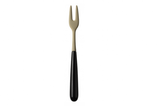 3d rendering of a realistic cocktail fork with a black handle and golden tines, isolated on a transparent background, perfect for food and beverage visuals