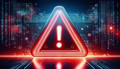 a digital warning sign with an exclamation mark inside a red triangle displayed on a pixelated screen with a dark background and blurred data