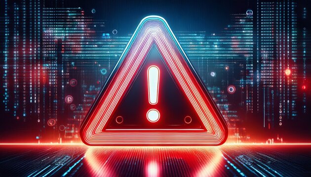 a digital warning sign with an exclamation mark inside a red triangle displayed on a pixelated screen with a dark background and blurred data