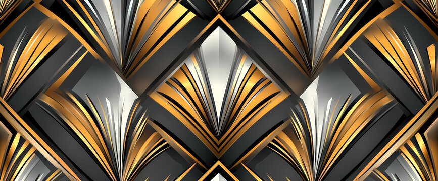 Elegant seamless pattern in a luxurious Art Deco style featuring golden metallic lines on a dark sophisticated background - Powered by Adobe