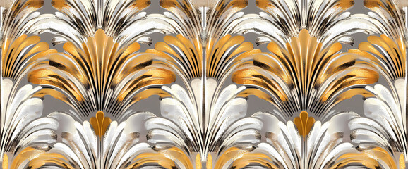 Luxurious seamless pattern in an elegant Art Deco style featuring ornate golden and silver stylized feathers for interior design