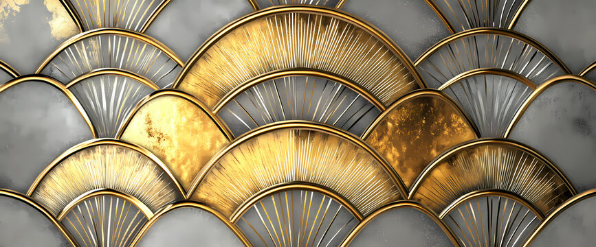 Fototapeta Opulent Art Deco inspired geometric background with metallic gold fans and textured grey marble