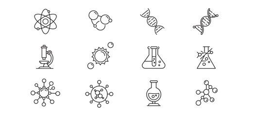 Science and research elements displayed in line art outline with scientific icons