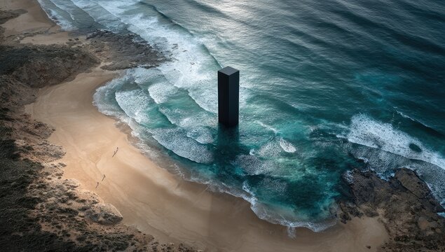 Dark obelisk in ocean waves, beach scene