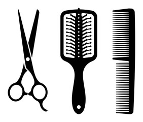 Black hair salon tools scissors comb brush set vector shape