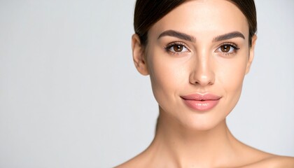 Portrait of a woman with flawless skin against a plain background