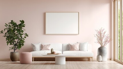 White minimalist frame on blush pink gallery wall. Trendy modern art space