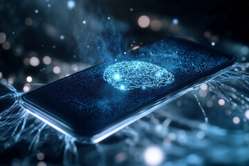 Smartphone emitting AI signals forming neural brain matrix