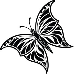 Black butterfly with ornate tribal wing patterns white insect