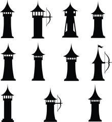 
Fantasy Tower Silhouettes: A Vector Set of Medieval and Oriental-Style Structures, Including an Archer
