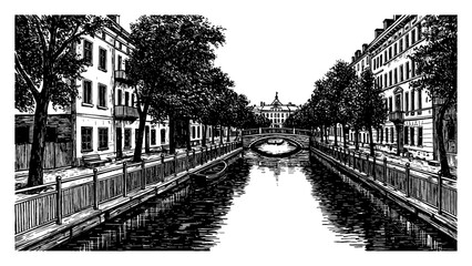 Naklejka premium A Canal in a Central Park Surrounded by Retro Buildings Simple Style Black and White Outline Line Art Drawing