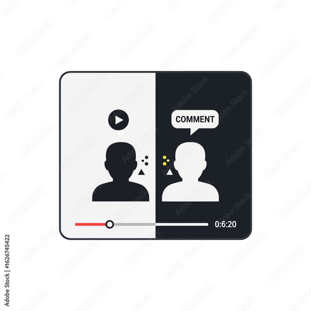 Aufkleber video player interface split in two with person icons and play comment symbols.